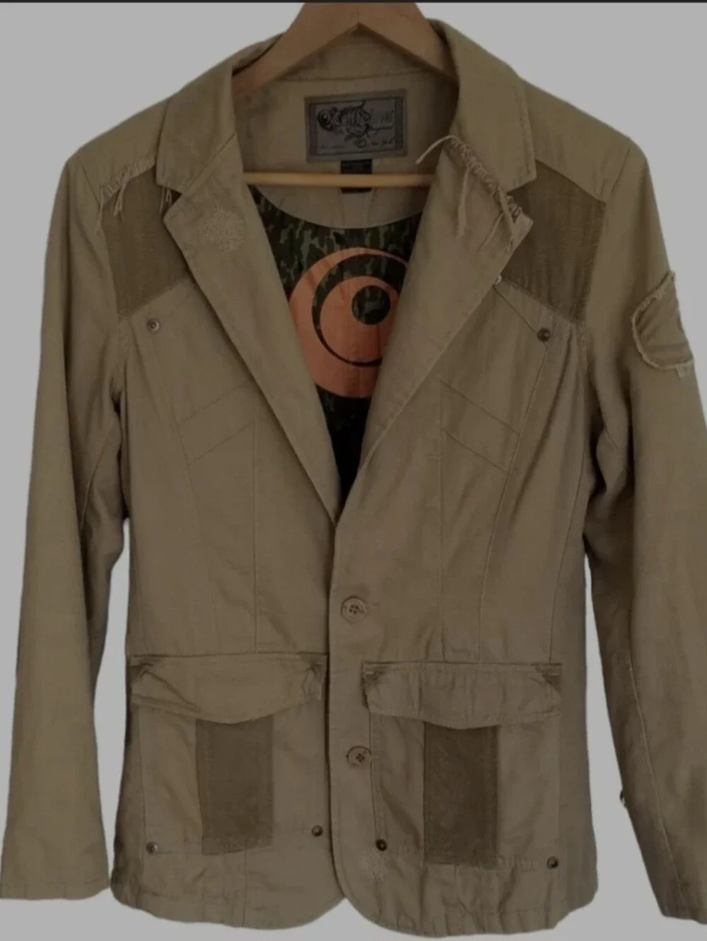 Caffeine Culture VTG Y2K Mens Tan Utility Jacket Blazer Elbow Patch Camo Lined